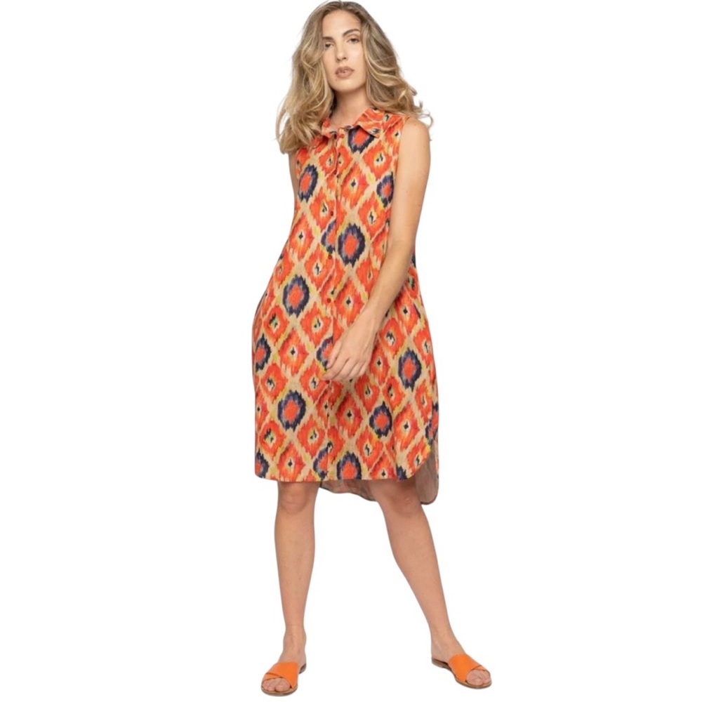 BACI | Women’s Orange Painterly Diamond Sleeeveless Shirt Dress size S Geometric